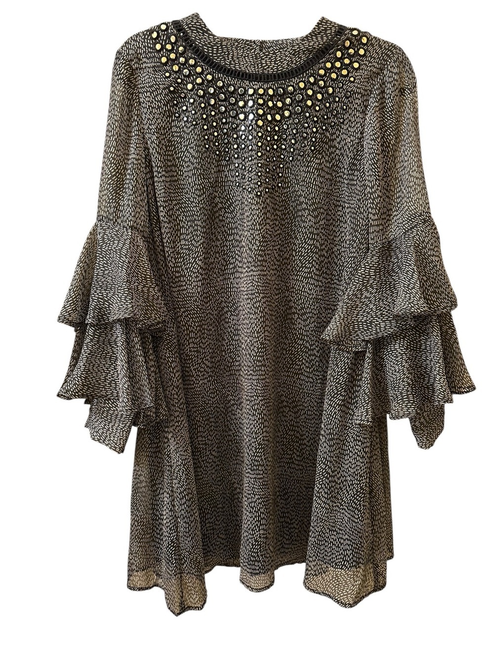 Ranna Gill Black/White Printed Ruffle Sleeve Tunic w/Embellished Neckline size S